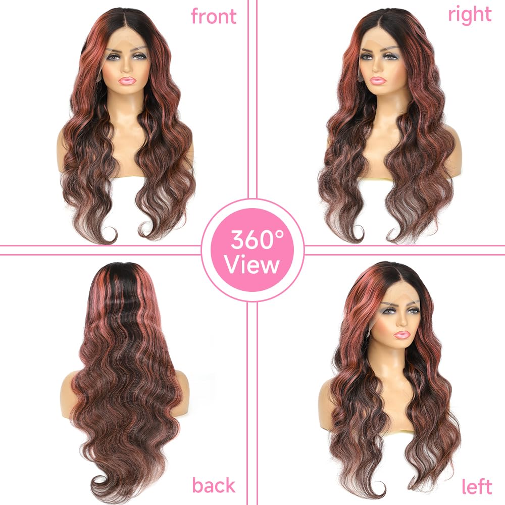 Avolo Highlight Lace Front Wig Human Hair 13x4 1B/Pink Ombre Lace Front Wig Human Hair Colored 180% Density Body Wave HD Lace Frontal Wigs Human Hair 26 Inch Skunk Stripe Ombre Pink Wig Human Hair