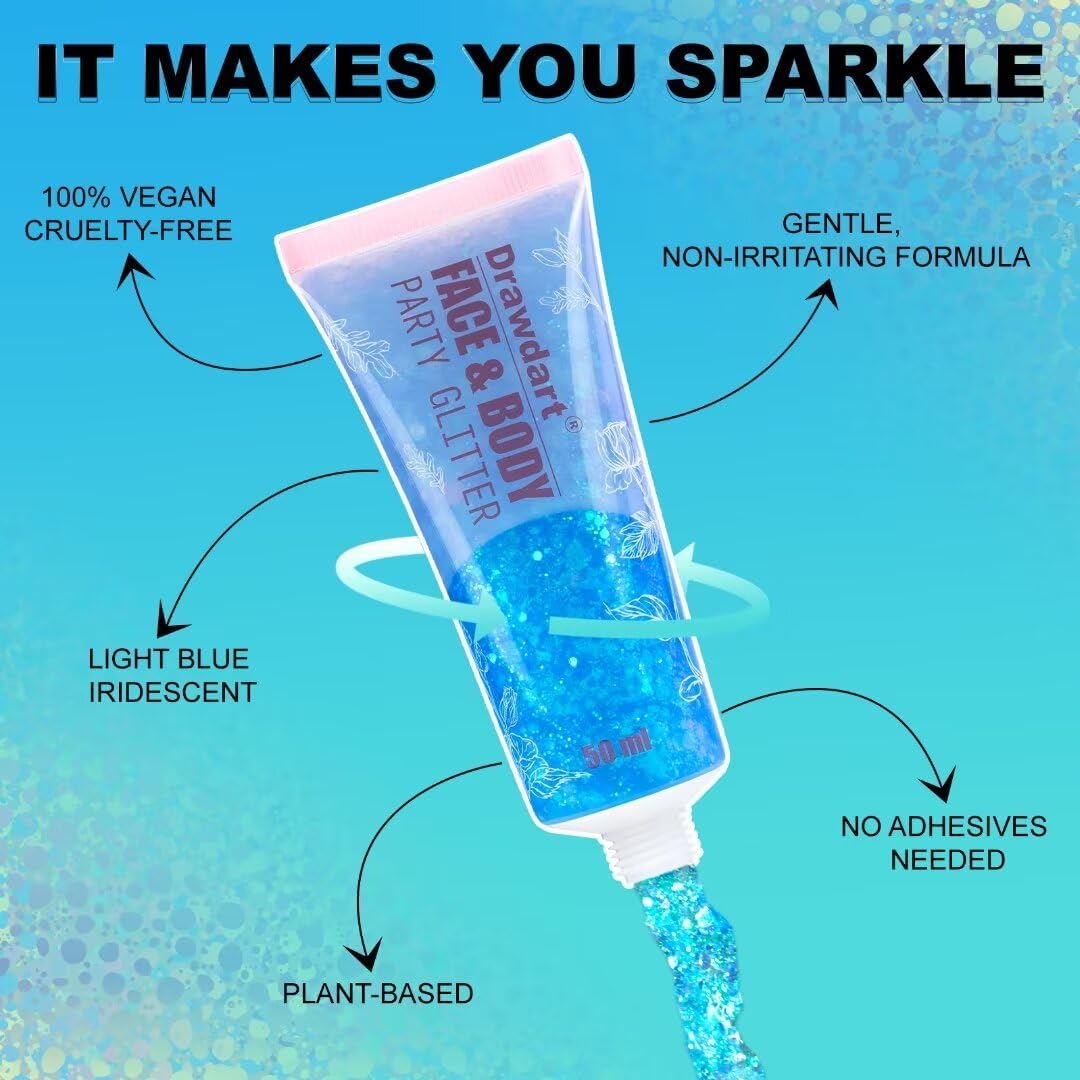 Drawdart Light Blue Face & Body Glitter,Chunky Glitter for Face Body Eye Lip Hair,Singer Concerts Iridescent Face Paint Glitter Makeup 50ml,Easy Application & Removal