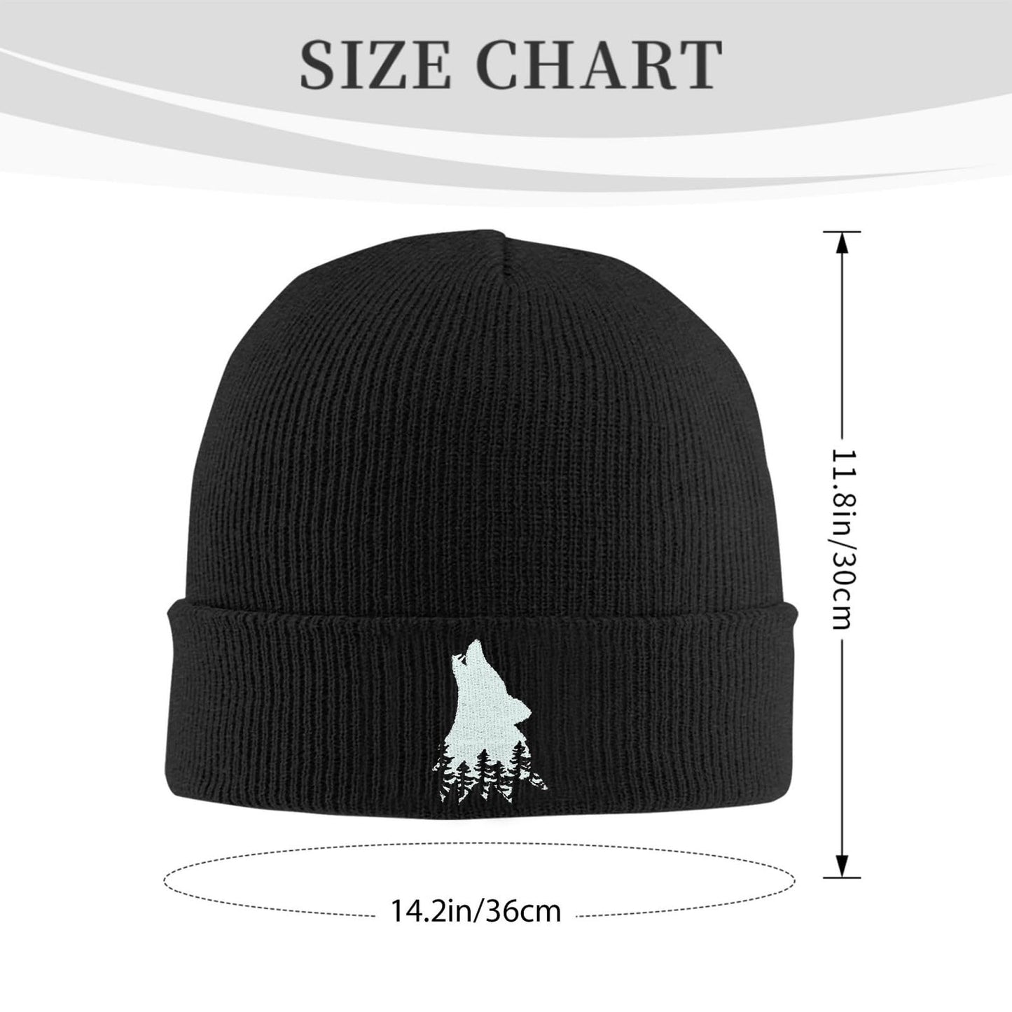 famliihw Wolf Tree Embroidery Beanie Hat Winter Warm Knit Cuffed Skull Cap for Women Men