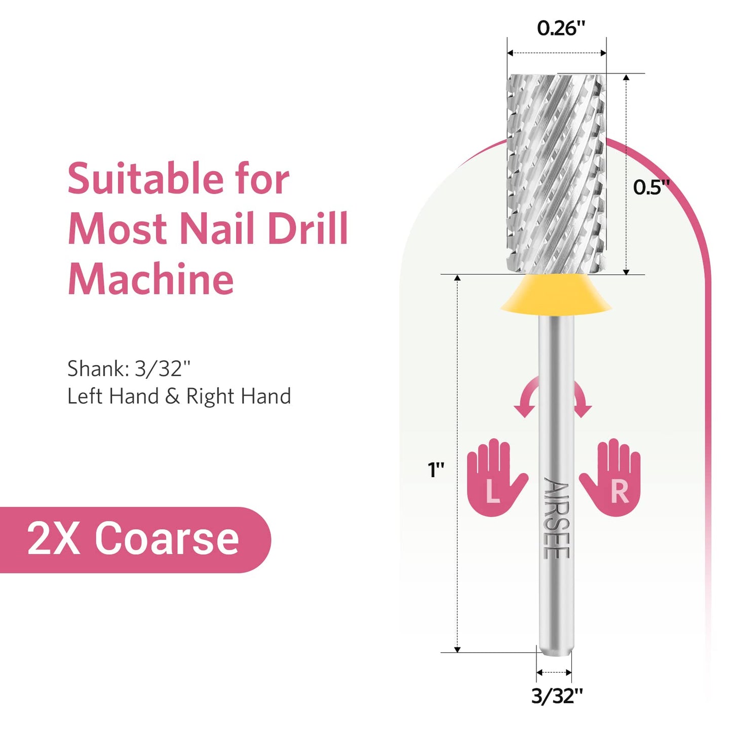 AIRSEE Tungsten Carbide Acrylic Nail Drill Bit Efile Electric File Machine Head Tip for Manicure Polishing Art Remove Gel 3/32" 2 Way Professional Tech Flat Top Cylinder Barrel 2X Coarse-2XC