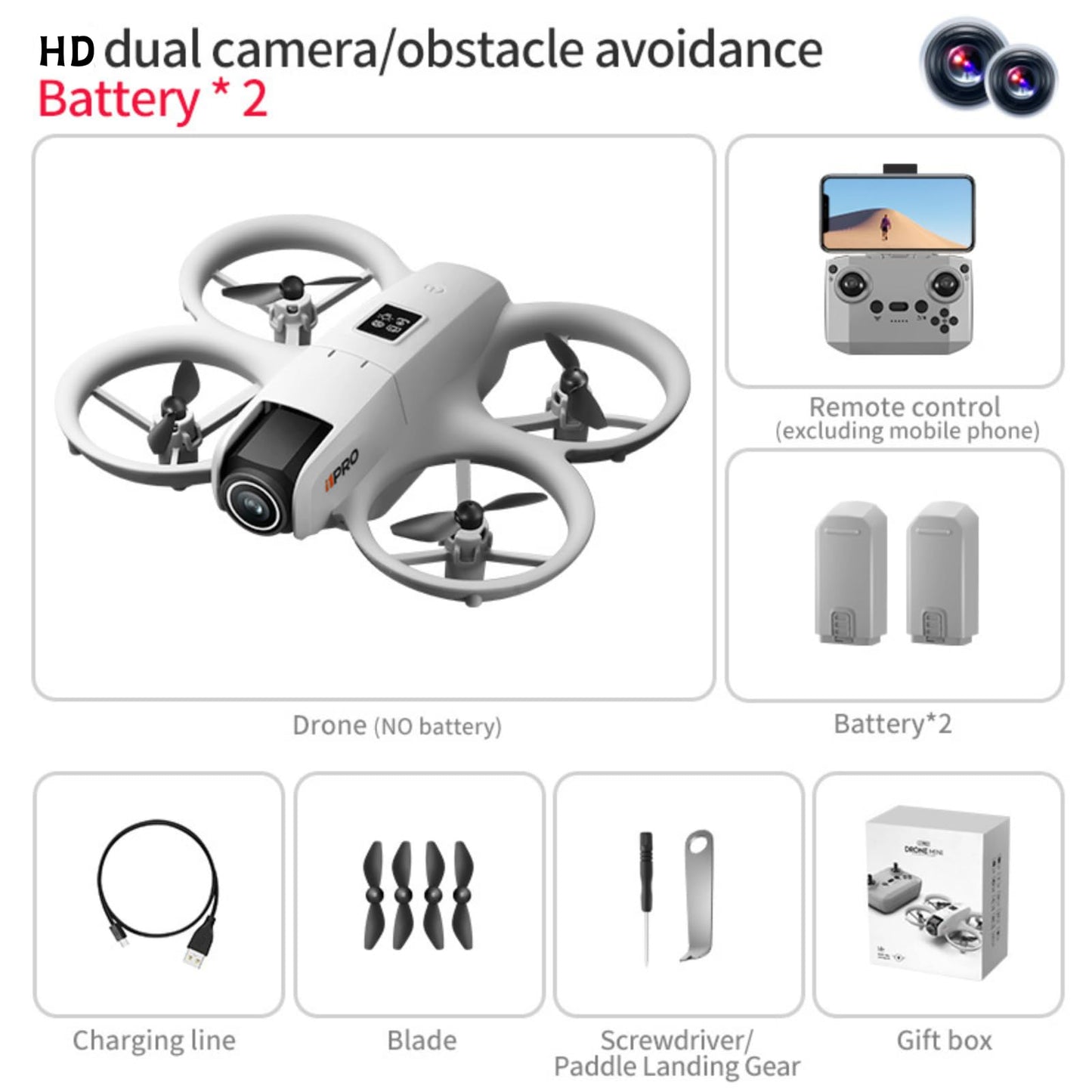 Drone with HD Camera for Adults, 360° Rolling Intelligent Obstacle Avoidance One-Key Takeoff/Landing, Headless Mode 2 Batteries Remote Control Drone Portable Mini Aircraft Gifts for Beginners Teens