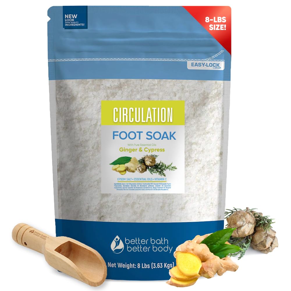 Circulation Foot Soak 128oz (8 Lbs) Epsom Salt Home Spa Soothing Soaks with Natural Ginger and Cypress Essential Oils Plus Vitamin C in BPA Free Pouch with Easy Press Lock Seal Made in USA