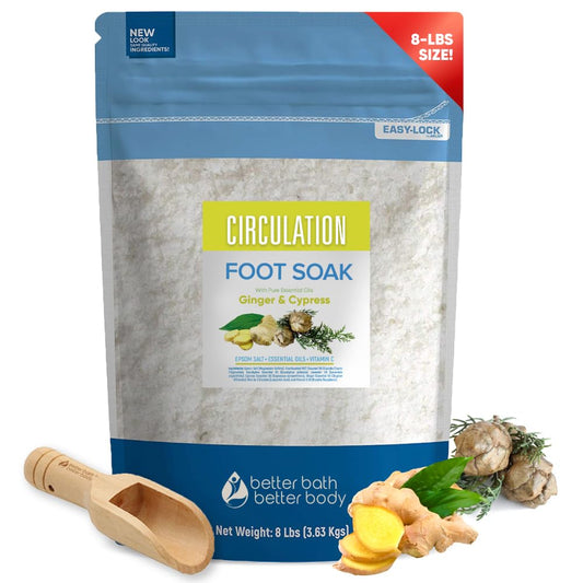 Circulation Foot Soak 128oz (8 Lbs) Epsom Salt Home Spa Soothing Soaks with Natural Ginger and Cypress Essential Oils Plus Vitamin C in BPA Free Pouch with Easy Press Lock Seal Made in USA