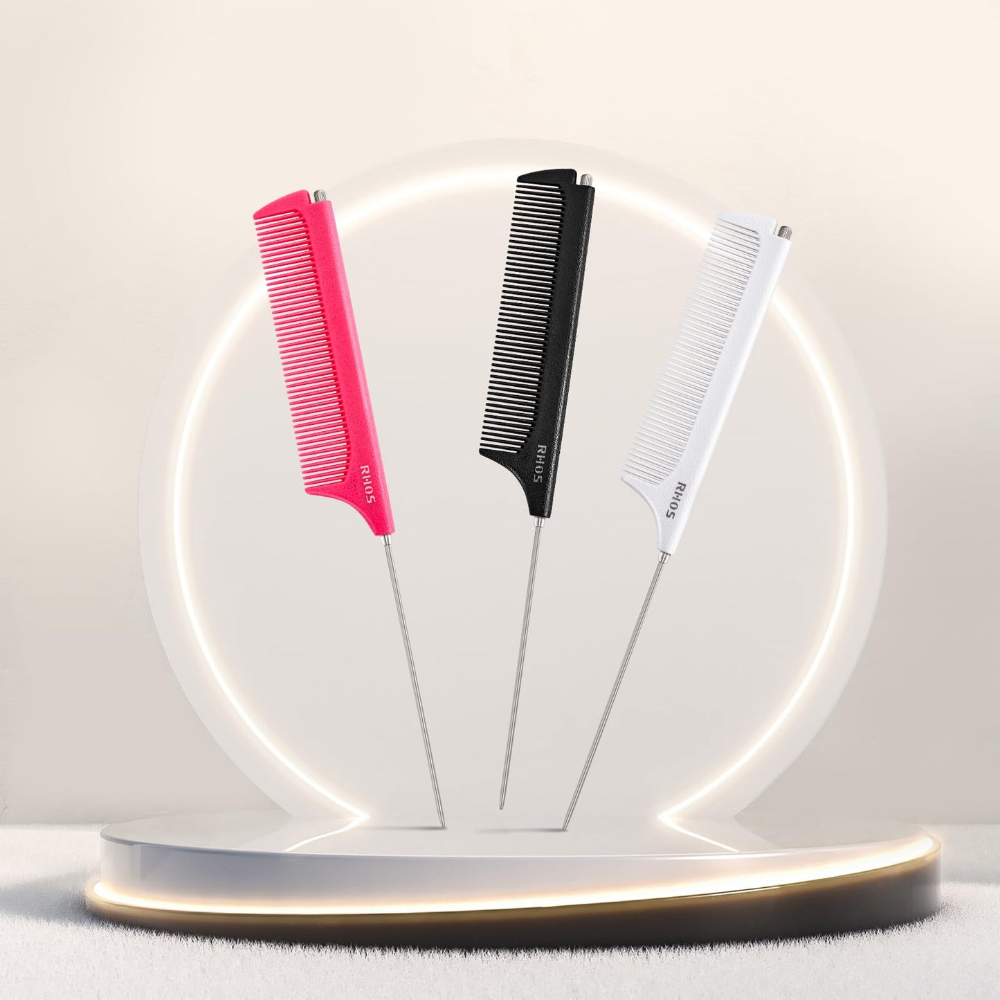 RHOS Retractable Fine Tooth Comb for Hair Parting, Styling, Cutting and Braiding - Carbon and Stainless Steel Pin Tail Comb (Pink)