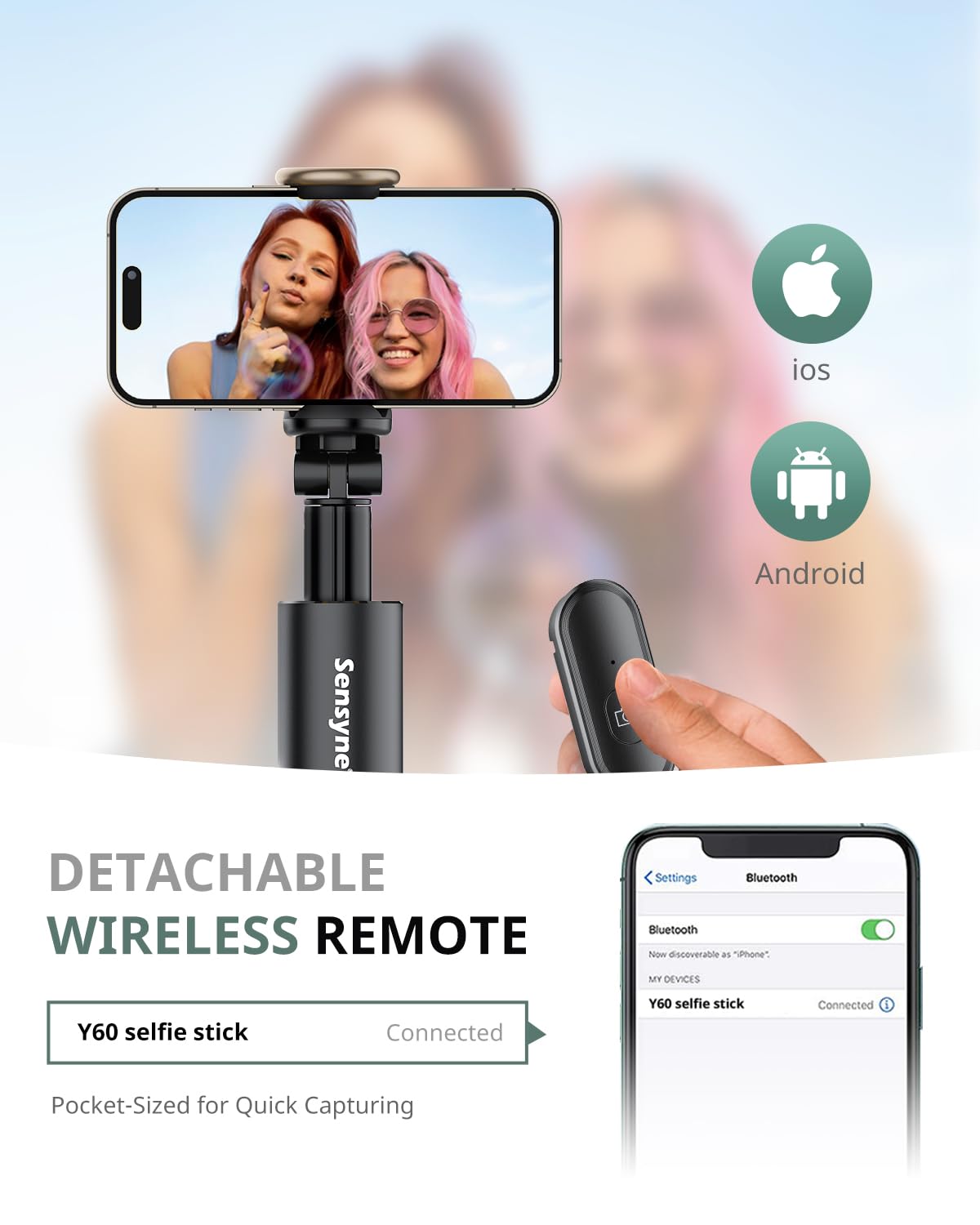 Sensyne 60" Phone Tripod - Selfie Stick, Lightweight All in One Phone Tripod Integrated with Wireless Remote Compatible with All Cell Phones for Selfie/Video Recording/Photo/Live Stream/Vlog(Black)