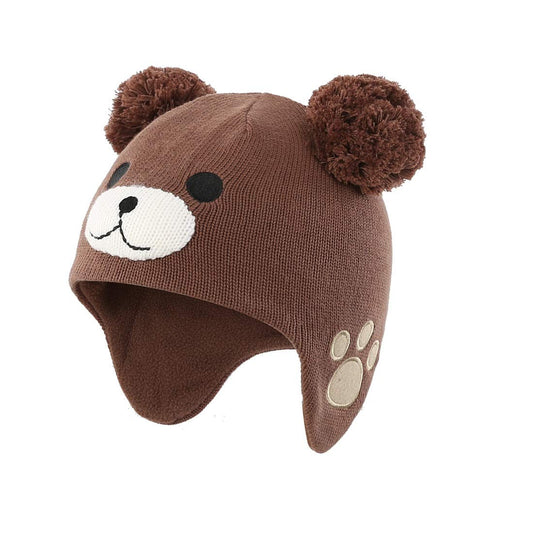 LLmoway Kids Beanie Hat Toddler Boys Knit Cap Winter Warm Cute Earflap Skull Pom Pom Hat Brown, 2-ply
