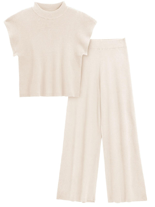 Imily Bela Women's 2 Piece Outfits Sweater Knit Sets Mock Neck Short Sleeve Tops Wide Leg Pants Casual Tracksuit