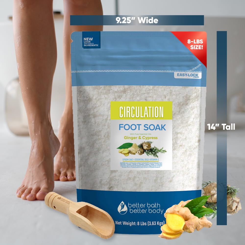 Circulation Foot Soak 128oz (8 Lbs) Epsom Salt Home Spa Soothing Soaks with Natural Ginger and Cypress Essential Oils Plus Vitamin C in BPA Free Pouch with Easy Press Lock Seal Made in USA