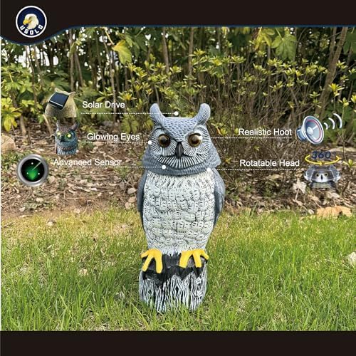 Solar Powered Garden Owl with Motion Detection, Rotating Head, Realistic Hoots and Silent Mode, Outdoor Statue and Sculpture, Owl Decoration for Home, Garden, Patio and Lawn