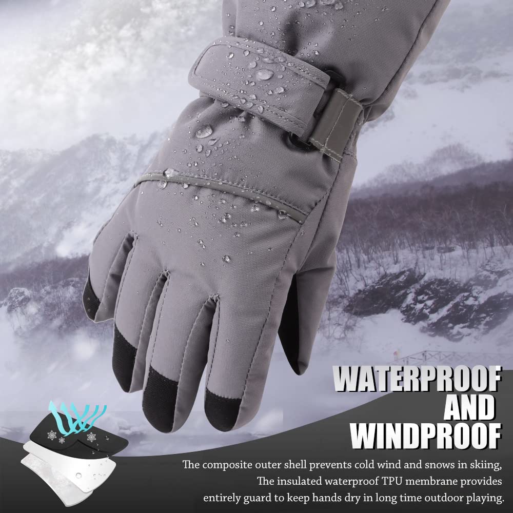 JANGANNSA Waterproof Children Ski Gloves Breathable Winter Mitten for Boys Girls Thinsulate Lined Kids Snowboard Glove 4-14Y (Navy+Gray, 4-6 Years)