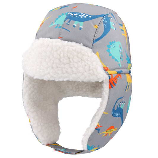 Winter Trapper Hat for Boys Girls Waterproof Warm Baby Toddler Ushanka Fleece Beanie Hats for 6M-6T (Orange Grey Dinosaur, 4-6T)
