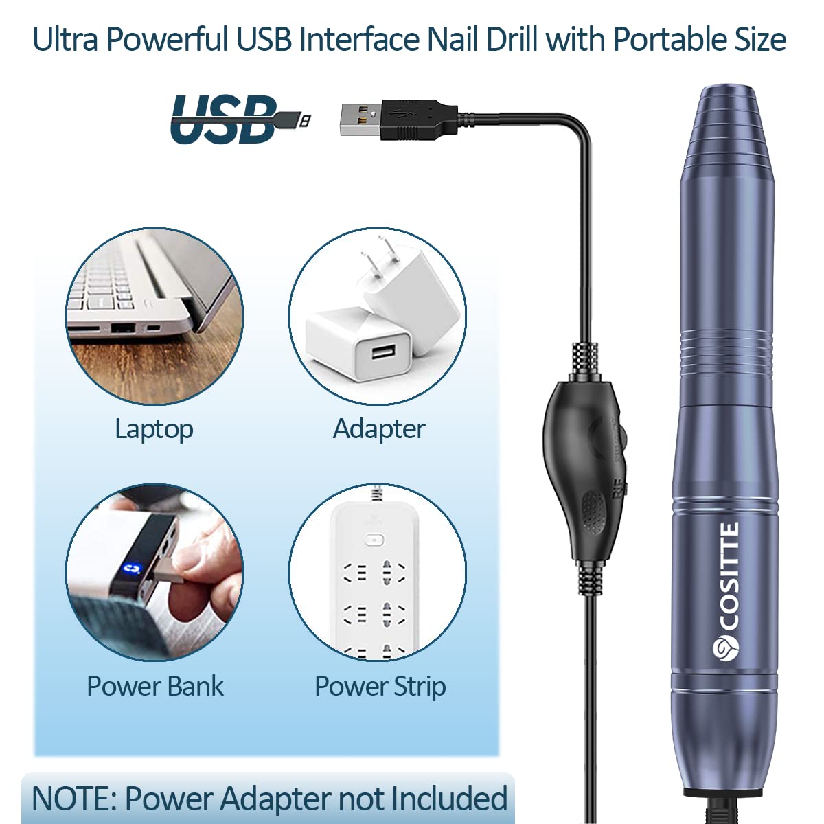 COSITTE Electric Nail Drill,USB Electric Nail Drill Machine for Acrylic Nails,Portable Electrical Nail File Polishing Tool Manicure Pedicure Efile Nail Supplies for Home and Salon Use, Gray