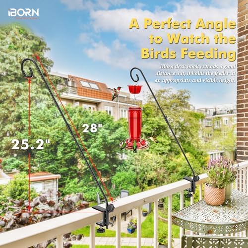 iBorn Deck Hook for Bird Feeder, Hummingbird Feeder Hanger for Deck Railing, Heavy Duty Deck Hanger for Outdoors Hanging, 360° Rotatable Arm, Solid Wire, 28 Inch, Pack of 1