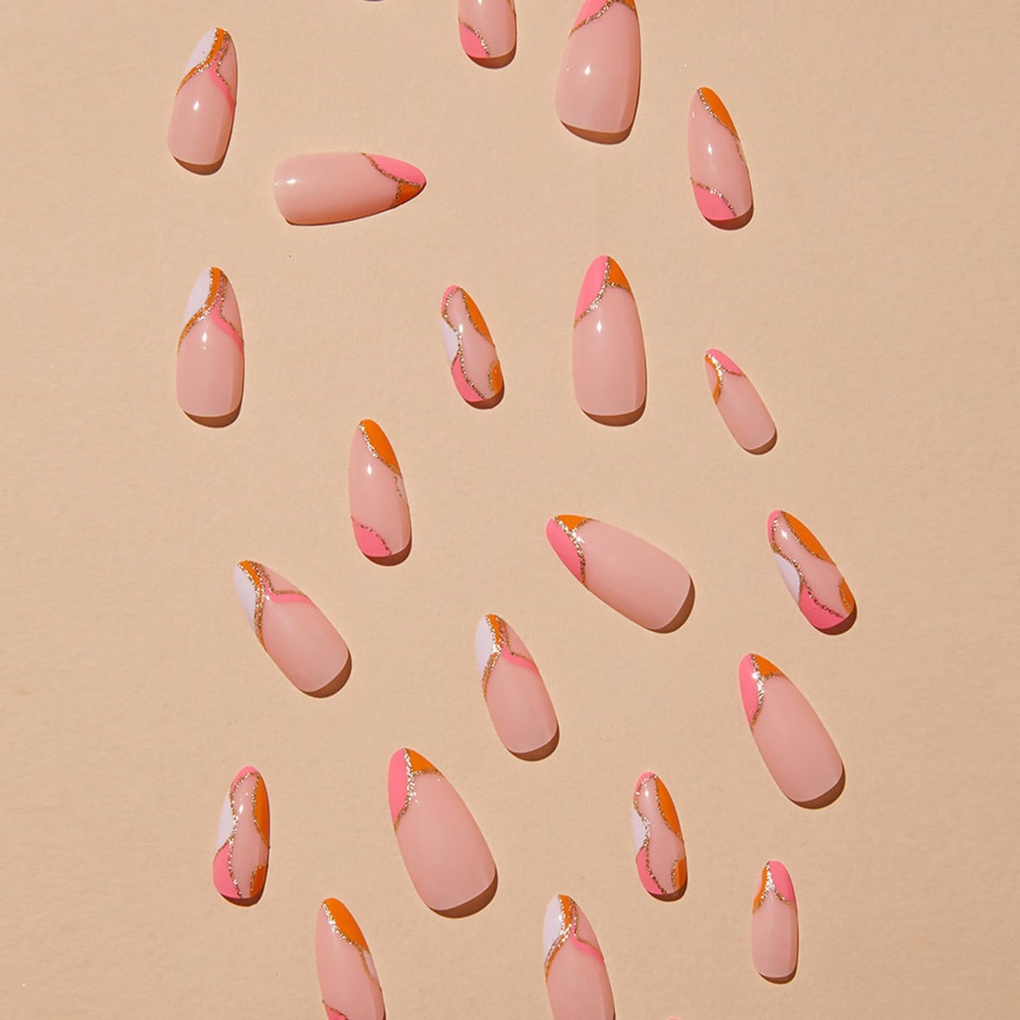 Orange Press on Nails Medium Almond Fake Nails False Nails with Design Gold Glitter Swirl Wave Acrylic Glue on Nails Artificial Glossy Stick on Nails for Women Girls Manicure Decoration 24Pcs