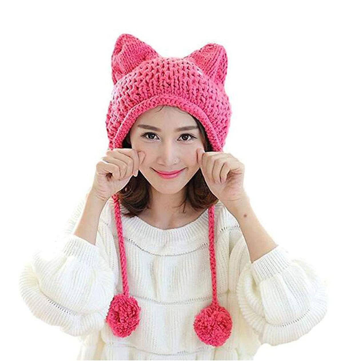 ALLDECOR Winter Handmade Knitted Beanie Hat with Pom Pom Cute Women Pussy Cat Ear Cap