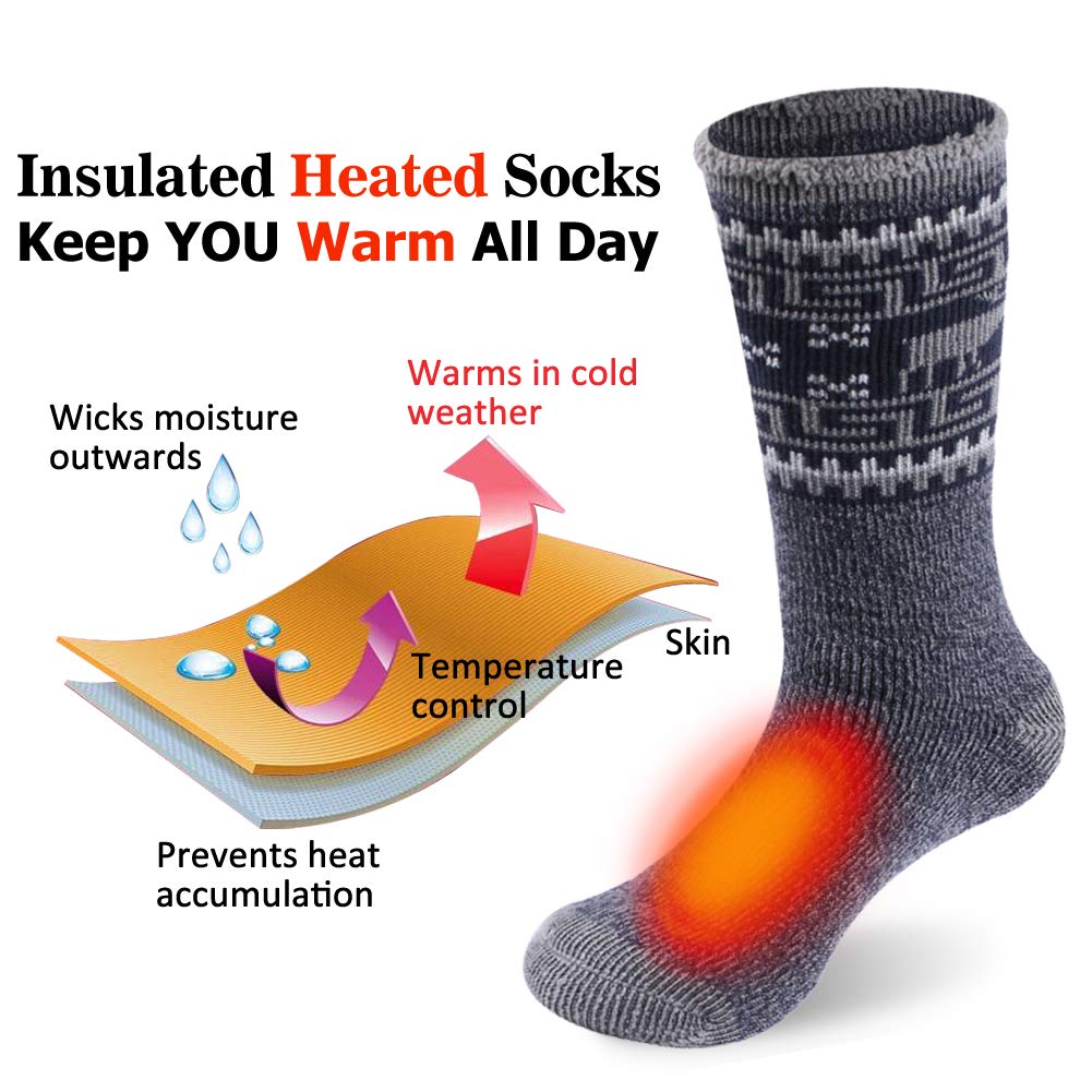 Sunew Heated Thermal Socks, Men’s Cold Winter Outdoor Athletic Warmest Insulated Hot Trapping Boot Skiing Socks, Big Boys’ Comfort Indoor Heavy Brushed Fuzzy Slipper Casual Socks, 2 Pack Pewter Large