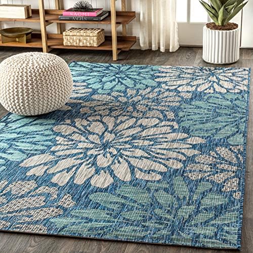 JONATHAN Y SMB110C-5 Zinnia Modern Floral Textured Weave Indoor Outdoor Area-Rug Bohemian Coastal Easy-Cleaning Bedroom Kitchen Backyard Patio Non Shedding, 5 X 8, Navy/Aqua