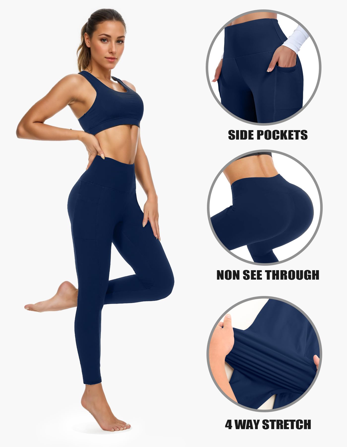 FULLSOFT Fleece Lined Leggings with Pockets for Women-Thermal High Waist Stretchy Yoga Pants for Winter Workout(L,Navy Blue)
