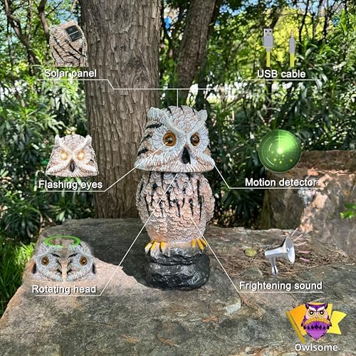Owlsome Solar Tiger Owl with Flashing Eyes, Rotating Head, Hoot Sound, Motion Detector and Silent Mode, Plastic Owl Garden Sculpture, Garden Decoration