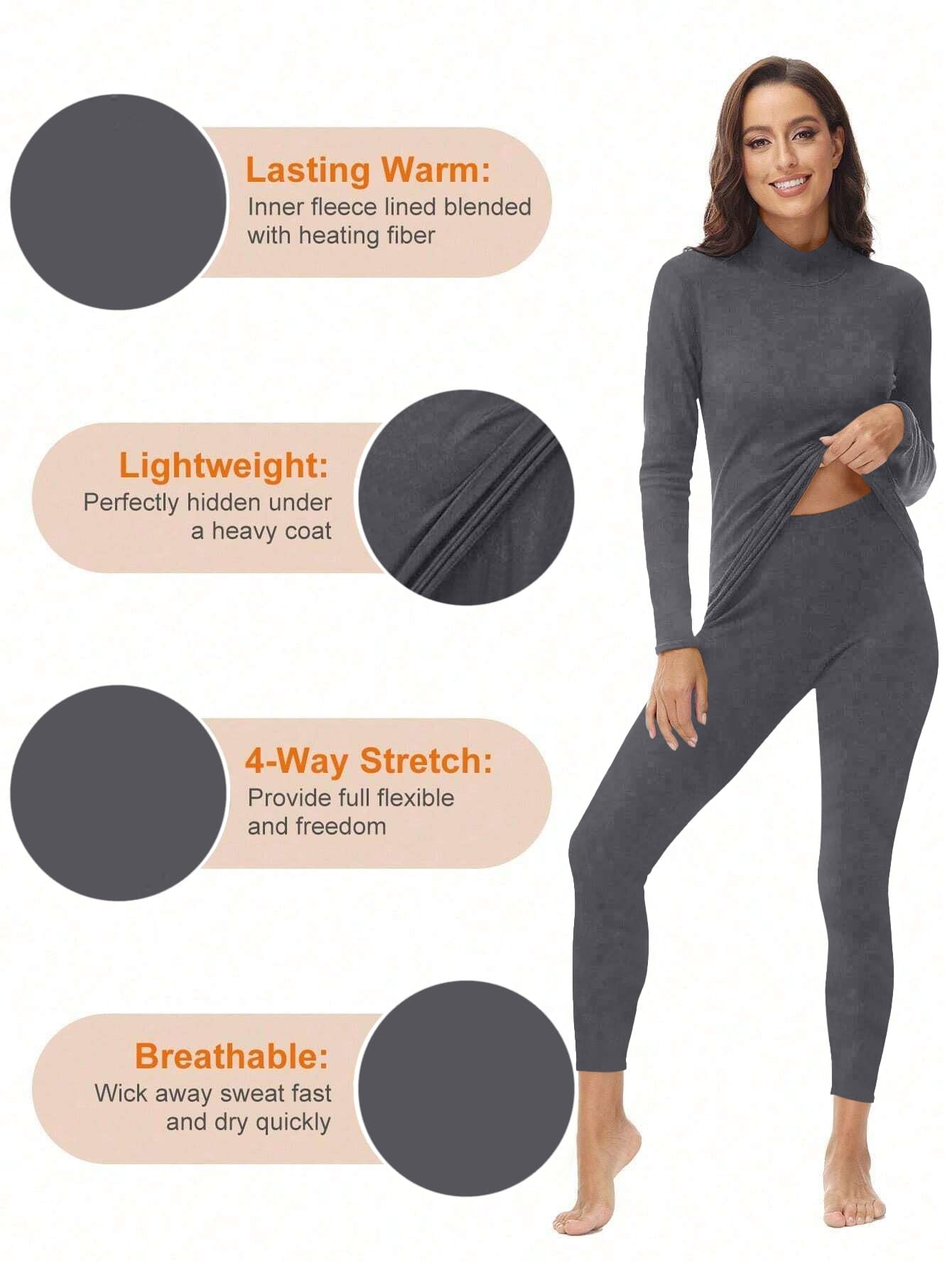 VPESL Womens Mock Neck Thermal Underwear Winter Long Johns with Fleece Lined Long Sleeves Base Layer Set Top Bottom Gray
