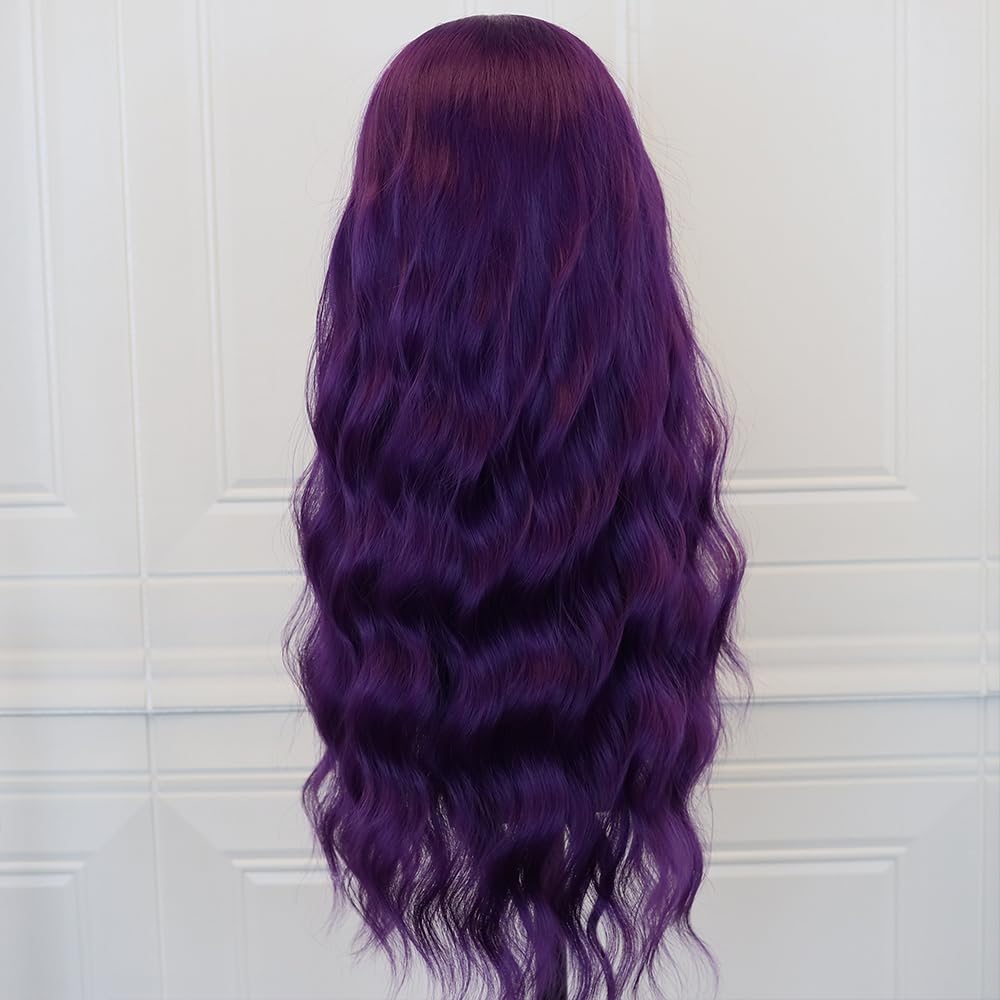 ELESTY Long Wavy Purple Synthetic Lace Front Wigs for Women Free Part Dark Purple Glueless Wig 24 inch Natural Curly Synthetic Wig Heat Resistant Fiber Hair Wigs for Daily Party Use