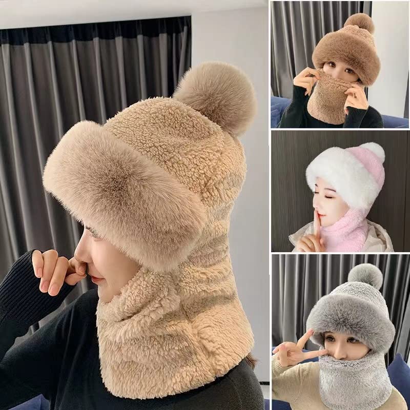 SUKIYAKI Womens Winter Fleece Warm Hat with Faux Fur Pom Cycling Windproof Scarf Hat Ski Cap, Scarf Hat Mask Integrated Hat (Gray)