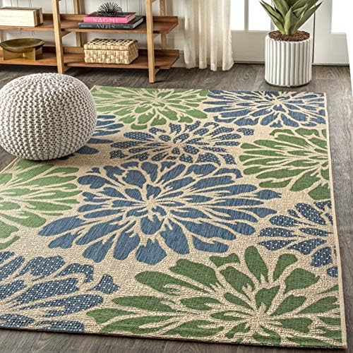 JONATHAN Y SMB110B-5 Zinnia Modern Floral Textured Weave Indoor Outdoor Area-Rug Bohemian Coastal Easy-Cleaning Bedroom Kitchen Backyard Patio Non Shedding, 5 X 8, Navy/Green