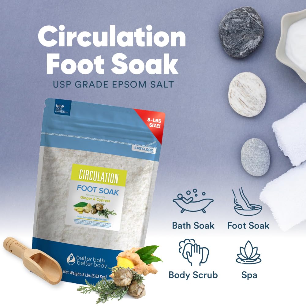 Circulation Foot Soak 128oz (8 Lbs) Epsom Salt Home Spa Soothing Soaks with Natural Ginger and Cypress Essential Oils Plus Vitamin C in BPA Free Pouch with Easy Press Lock Seal Made in USA