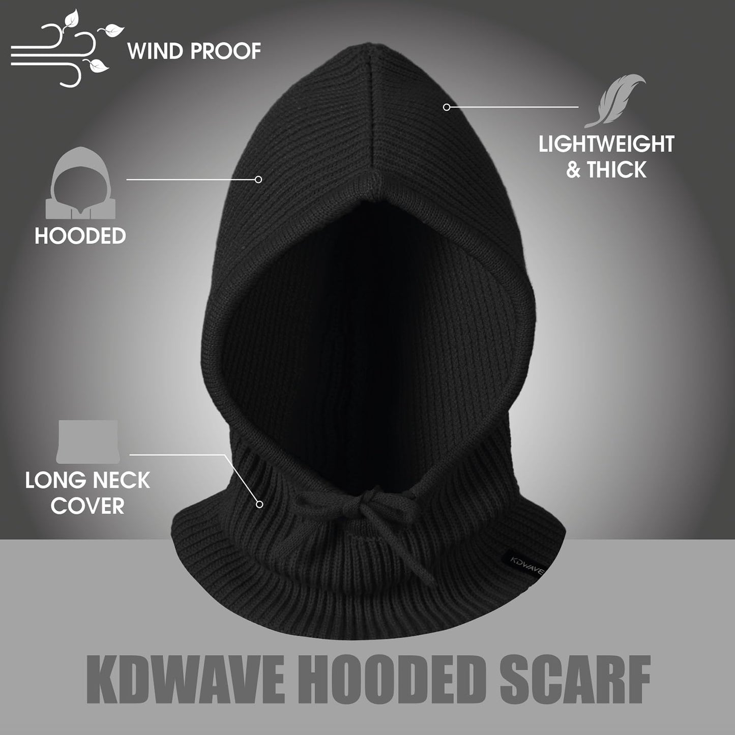 KDWAVE Knit Winter Hat for Women Men, Knitted Hood Balaclava Warm Beanie Hats Neck Ribbed Balaclavas with Drawstring, Black