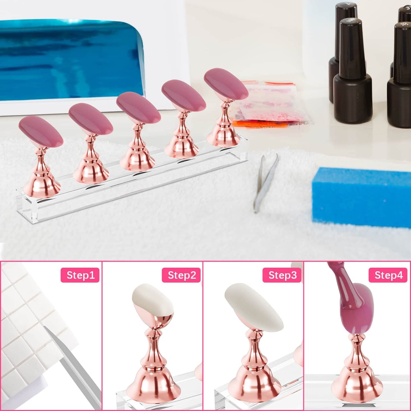 Nail Stand Acrylic Nail Art Display Stand Magnetic Nail Tips Practice Holder 54 Pcs Reusable Adhesive Putty for DIY Painting Nails Stand kit (Rose Gold)