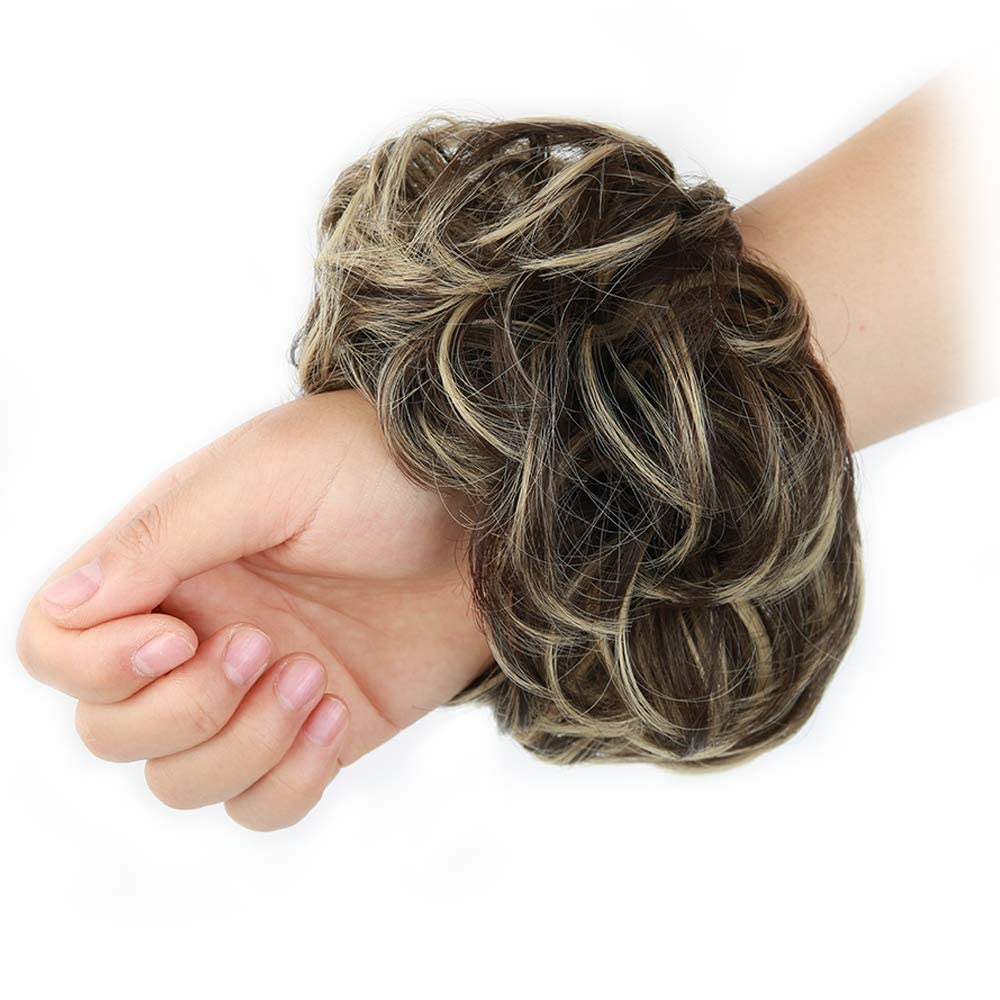 MORICA 1PCS Messy Hair Bun Hair Scrunchies Extension Curly Wavy Messy Bun Hair Synthetic Chignon Hairpieces for Women(Dark Brown & Ash Blonde)