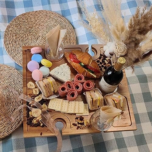 Portable Wine Picnic Table, Acacia Wood, Larger Tray Foldable, Charcuterie Board, Wine Gift, Decoration for Romantic Camping, Engagement Party, Concerts at Park, Glamping, Wood Color