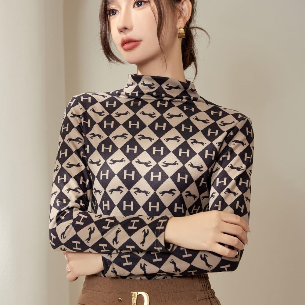 Freaswind Dralon Turtleneck Tops for Women Autumn Winter Thickened Thermal Underwear Inner Warm Printed Long-Sleeved Shirt (US, Alpha, Small, Regular, Regular, Horse)