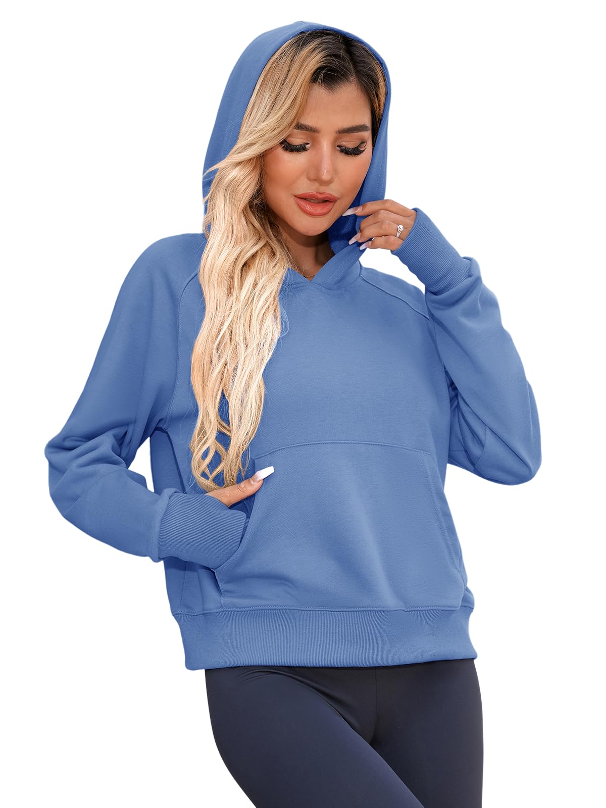 Bellcoco Womens Hoodies Pullover Cropped Sweatshirts Fall Winter Outfits Clothes for Wowen with Pocket Thumb Hole Blue