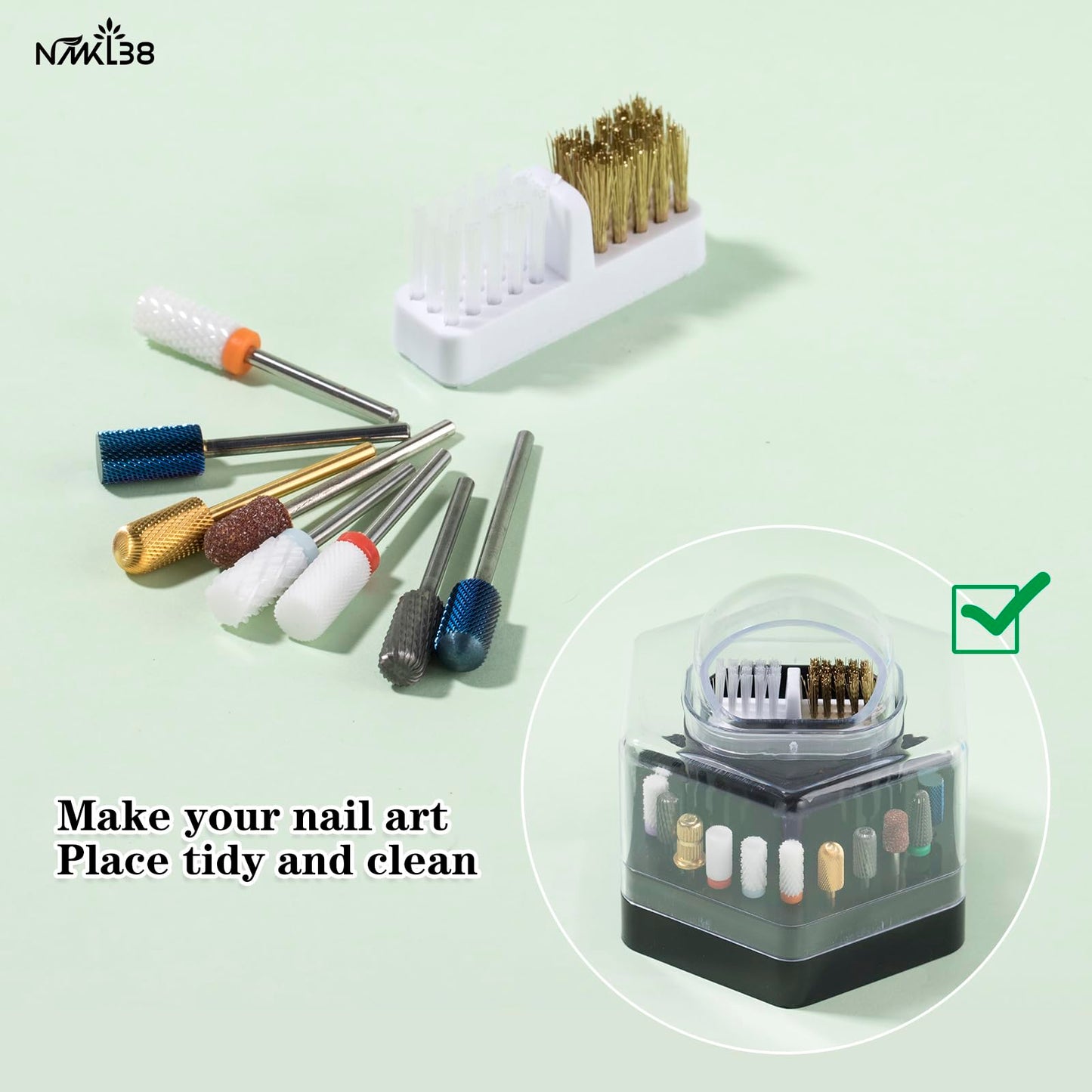 NMKL38 2 in 1 Nail Drill Bits Holder Nail Drill Bits Cleaning Brush Detachable Case 24 Holes Nail Drill Stand Display Organizer Dustproof Box for Nail Manicure Tools (Black)