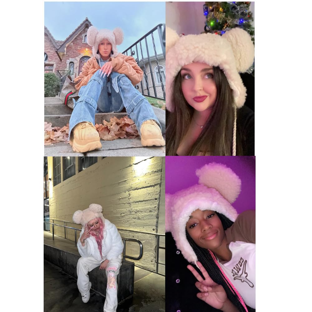 Cute Plush Faux Fur Animal Critter Hat Cap with Ear Flaps Fuzzy Bear Hat Soft Warm Winter Hat Beanie for Adults Women Girls Beige