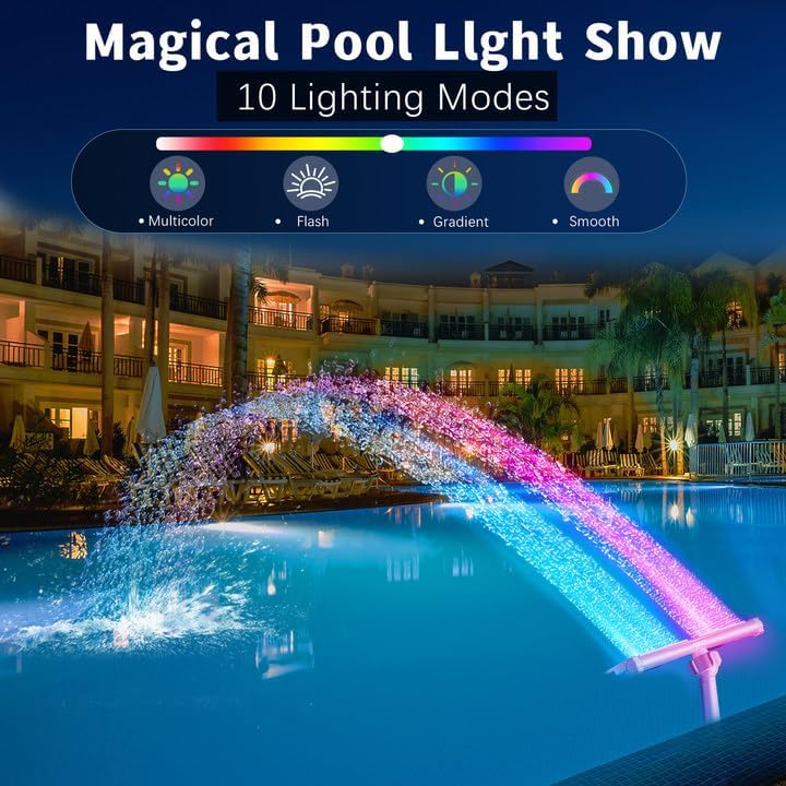Solar Pool Fountain for Above and In-ground Pools, with 10-Color Lights and Auto Light Sensing Pool Sprinkler Fountain 360° Adjustable Dual Spray High Pressure Pool Waterfall