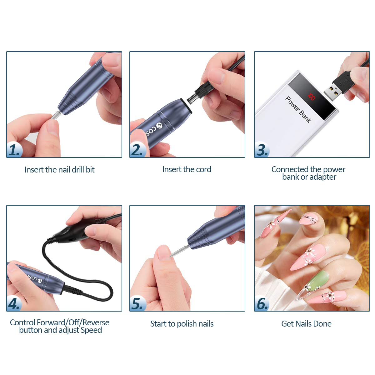 COSITTE Electric Nail Drill,USB Electric Nail Drill Machine for Acrylic Nails,Portable Electrical Nail File Polishing Tool Manicure Pedicure Efile Nail Supplies for Home and Salon Use, Gray
