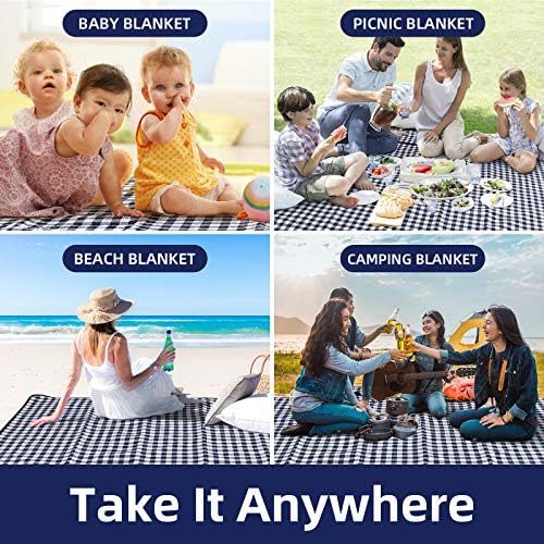 ZAZE Picnic Blankets Machine Washable, 80''x80'' Extra Large Waterproof Sandproof Foldable Compact Beach Blanket, Oversized XL Outdoor Mat for Spring Summer Camping, Park, Travel Grass(Blue and White)