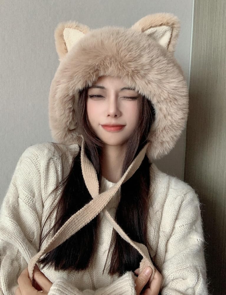Women Cute Fox Ears Hats Furry Warm Knitted Trapper Hat Beanies Slouchy Crochet Hat Winter Cap Khaki