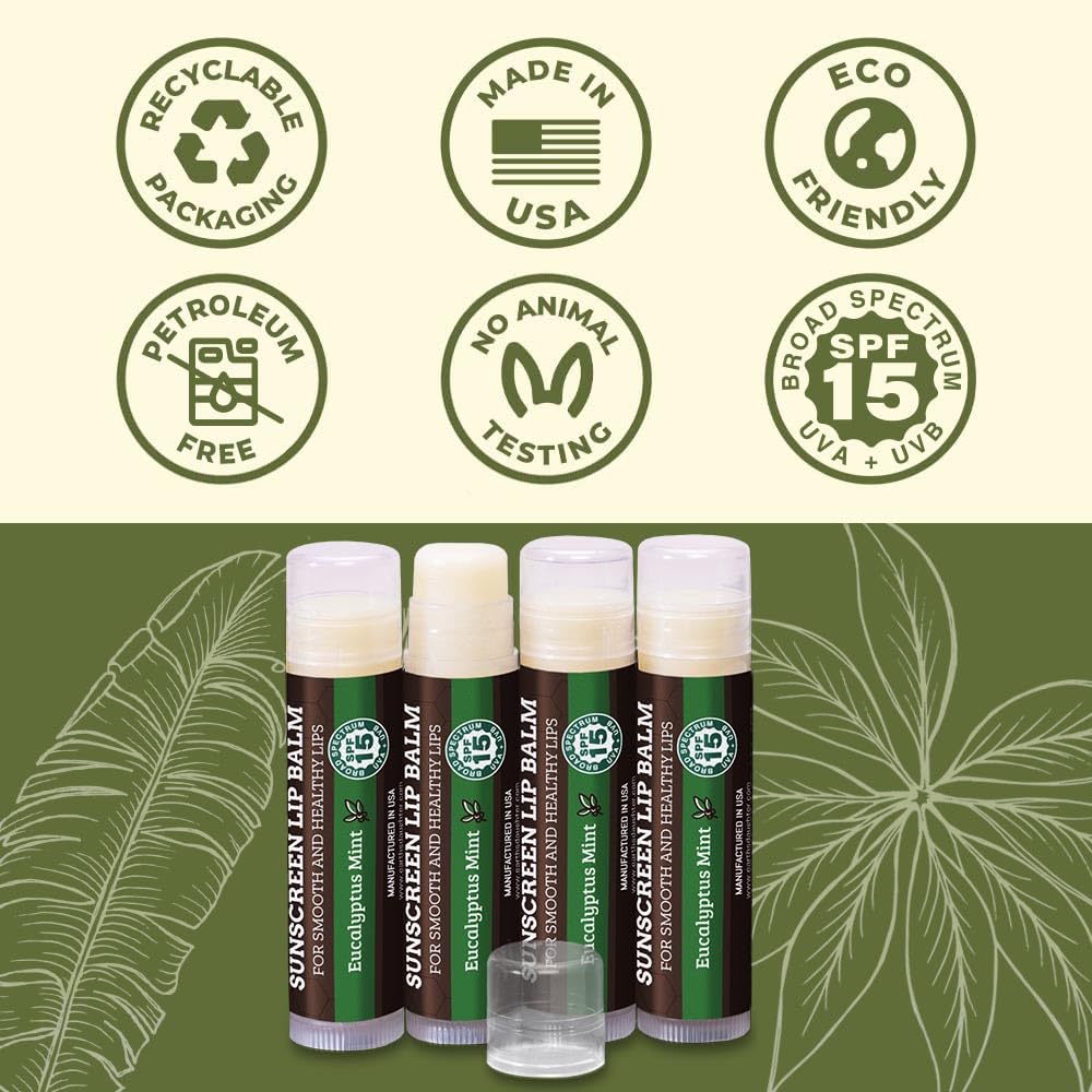 Earth's Daughter SPF Lip Balm Eucalyptus Mint 4-Pack - Lip Sunscreen, SPF 15, Organic Ingredients, Beeswax, Coconut Oil, Vitamin E - Hypoallergenic, Gluten Free