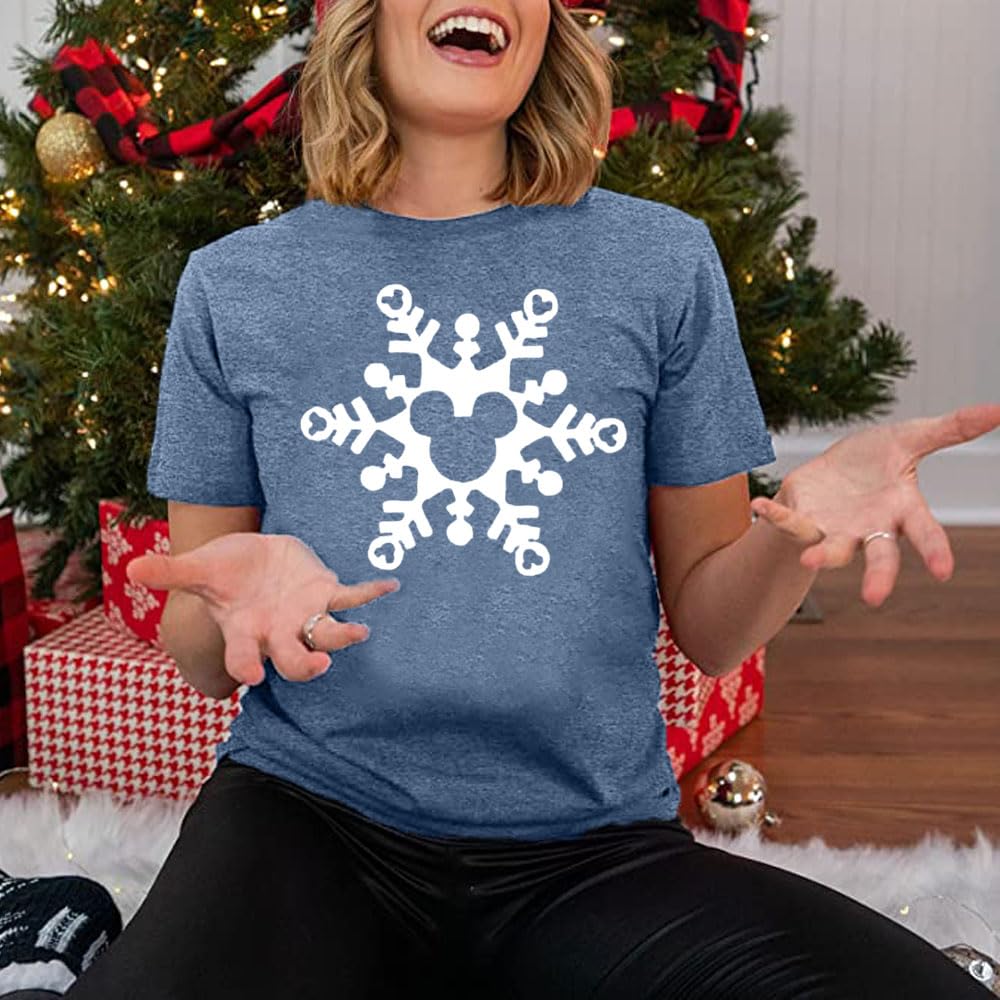 Magic Christmas Shirts for Women Cute Snowflake Graphic Tees Winter Letter Print Short Sleeve Xmas Tops-M (Ink Blue)