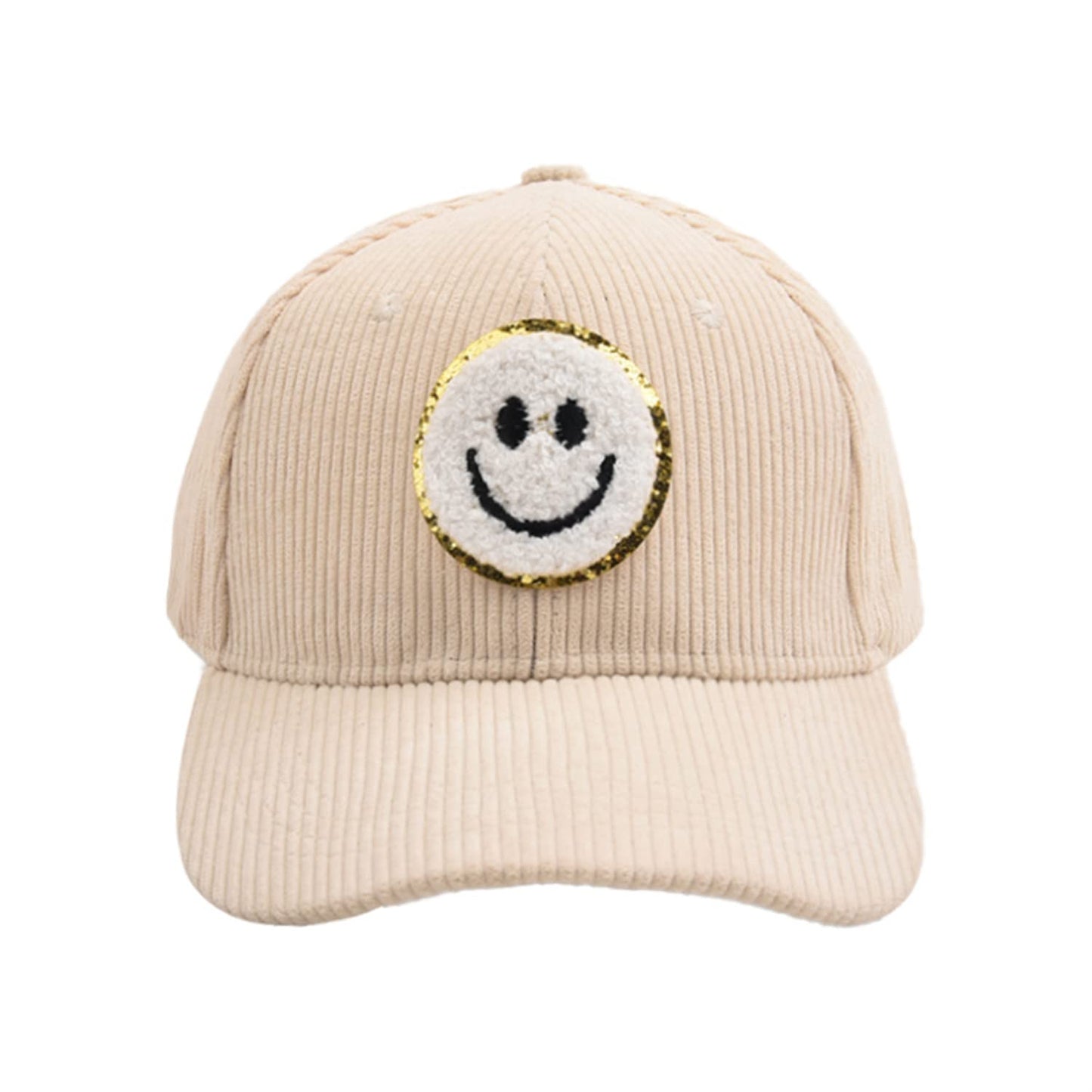 ProMindFun Women's Winter Corduroy Baseball Cap Men’s Smiley Face Hat 3D Patch Embroidered Adjustable Trucker Cold Weather Hats (03-Beige)