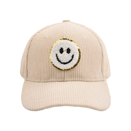 ProMindFun Women's Winter Corduroy Baseball Cap Men’s Smiley Face Hat 3D Patch Embroidered Adjustable Trucker Cold Weather Hats (03-Beige)