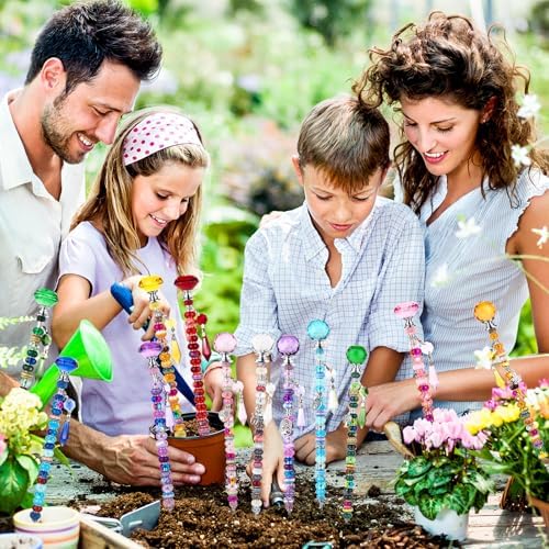 UFU 310Pcs Beaded Garden Stakes Kit - DIY Fairy Wand Garden Stake Beads Kit with 252 Colorful Assortment Large Hole Beads, 12 Threaded Rods, Crystal Stopper Top & Pendants for Outdoor Decor(10&12IN)