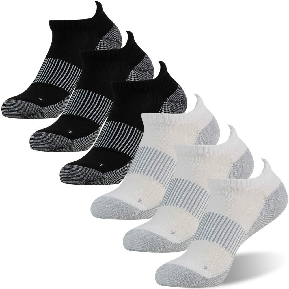 FOOTPLUS Running Hiking Tennis Socks,Winter Thick Mens Womens Boys Girls Copper Odor Free Ankle Athletic Golf Cushioned Sole Wicking Moisture Compression Socks,3 White& 3 Black, Medium