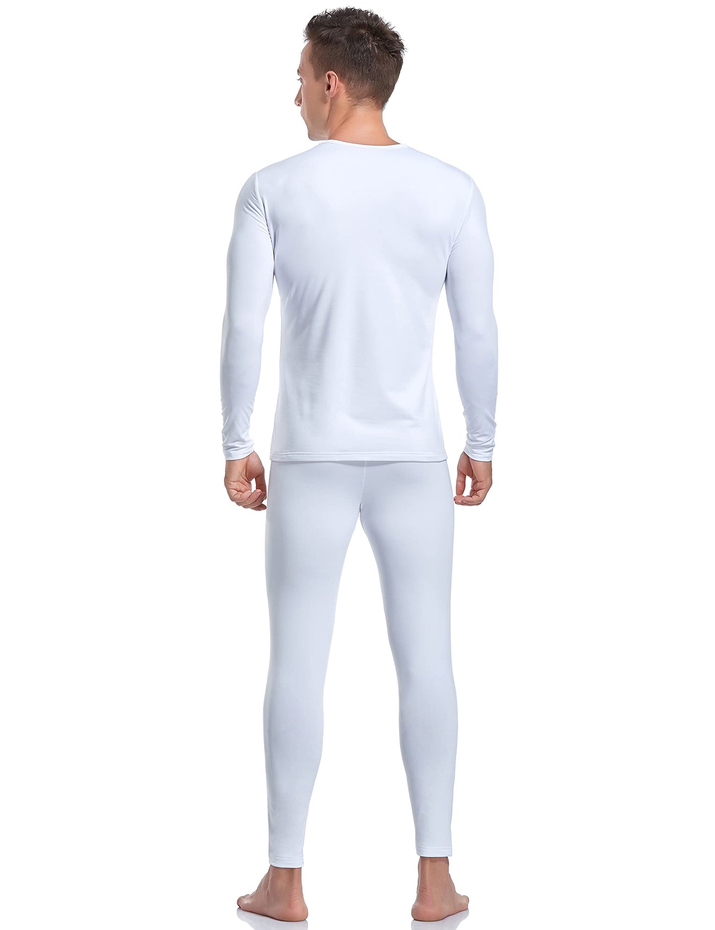 Coreal Mens Underwear Soft Thermal Wear for Men, Crew Neck Long Johns Base Layer with Fleece Lined Top & Bottom Set White Small