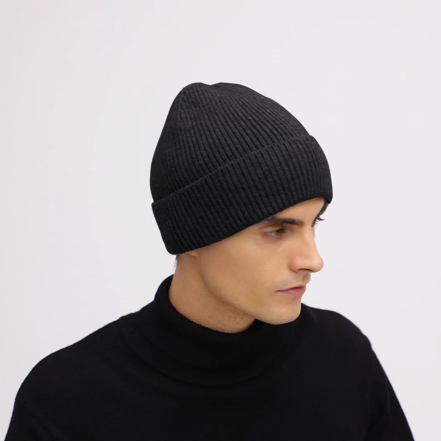 ZOORON Beanie for Women Men Warm Winter Hats Unisex Cuffed Plain Skull Knit Hat Cap Thick Fisherman Beanies Black&Gray