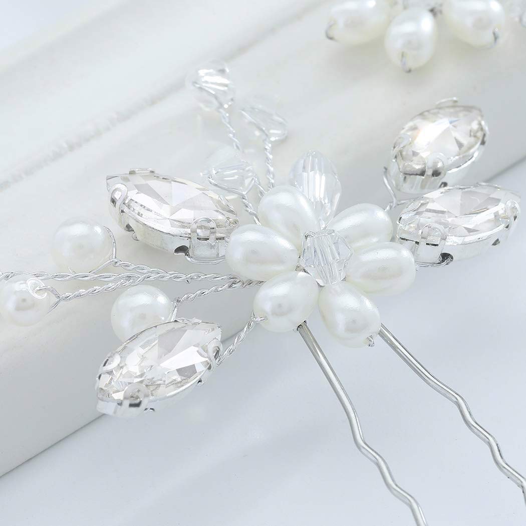 JAKAWIN Bride Wedding Pearl Hair Pins Flower Hair Piece Rhinestone Bridal Hair Accessories for Women HP065 (Silver)