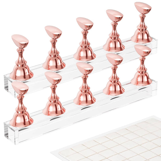 Nail Stand Acrylic Nail Art Display Stand Magnetic Nail Tips Practice Holder 54 Pcs Reusable Adhesive Putty for DIY Painting Nails Stand kit (Rose Gold)